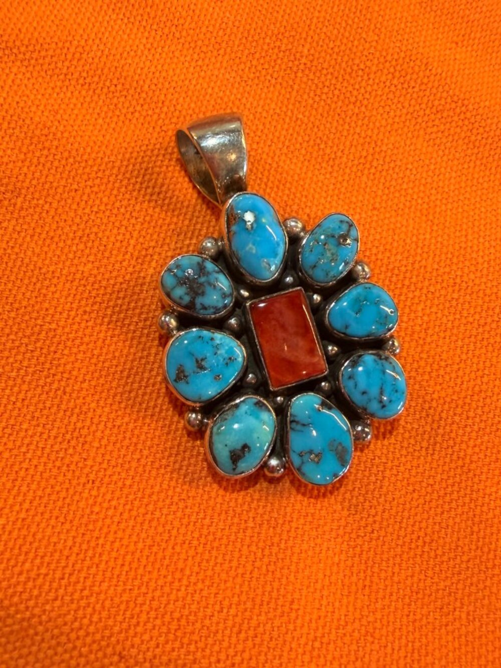 Philbert Secatero Sterling Silver Turquoise & Spiny Oyster pendant (no chain)